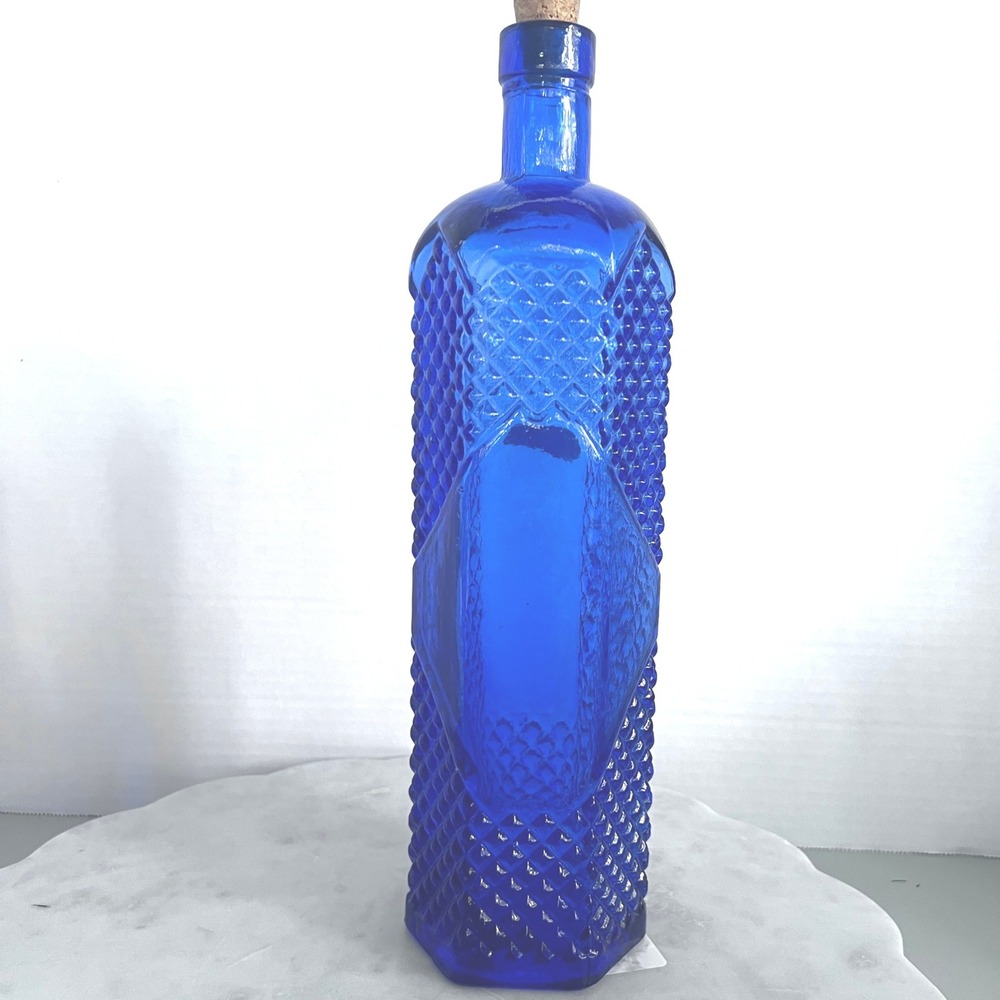 Cobalt Blue Glass Bottle Hexagon Shaped w Cork Spain Diamond Embossed 12X3.5"